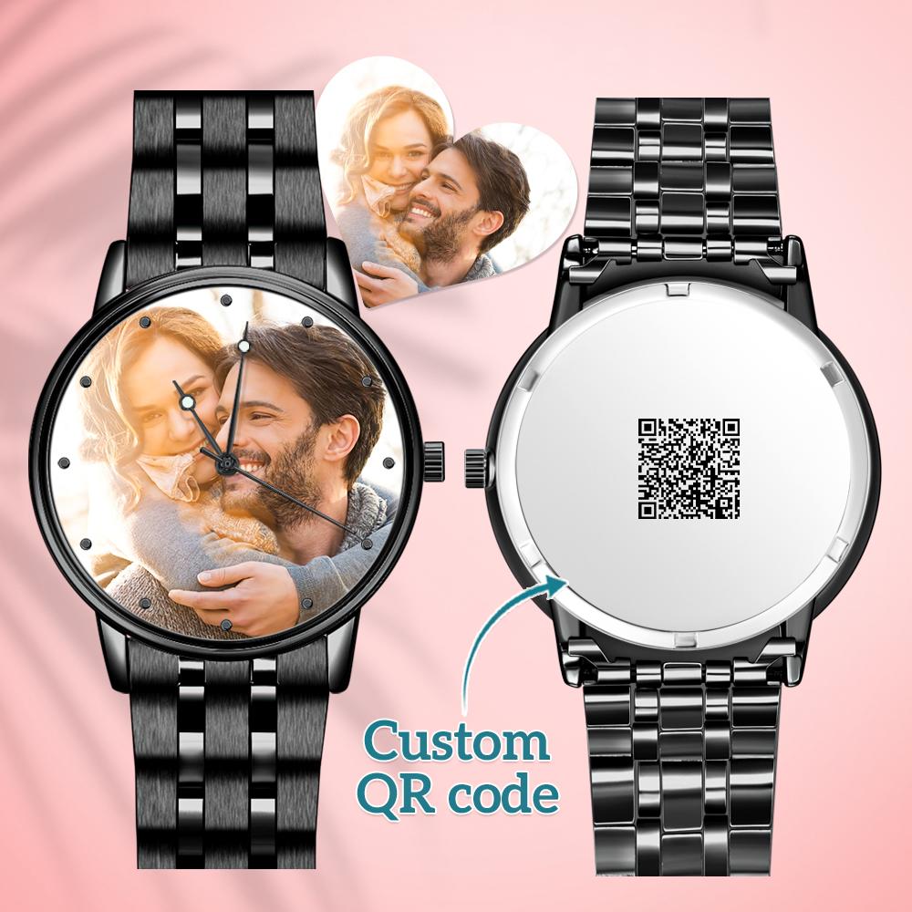 Engraved Men's Black Alloy Bracelet Photo Watch QR Code Watch 38mm Men's Gifts