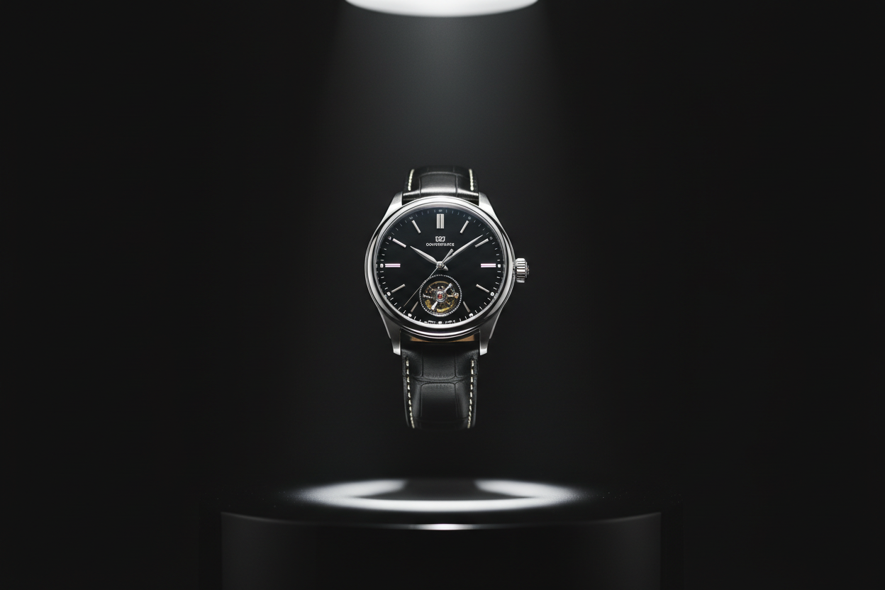 “A luxury wristwatch suspended in mid-air under a dramatic spotlight. The background is dark and minimal, creating a premium showroom atmosphere. The watch has a black leather strap with white stitching, a black dial, metallic indices, and polished metal casing. Soft rim-lighting highlights the edges of the watch, and a subtle circular glow appears on the surface below it. Ultra-realistic photography, high contrast, premium product lighting, 8K detail.”