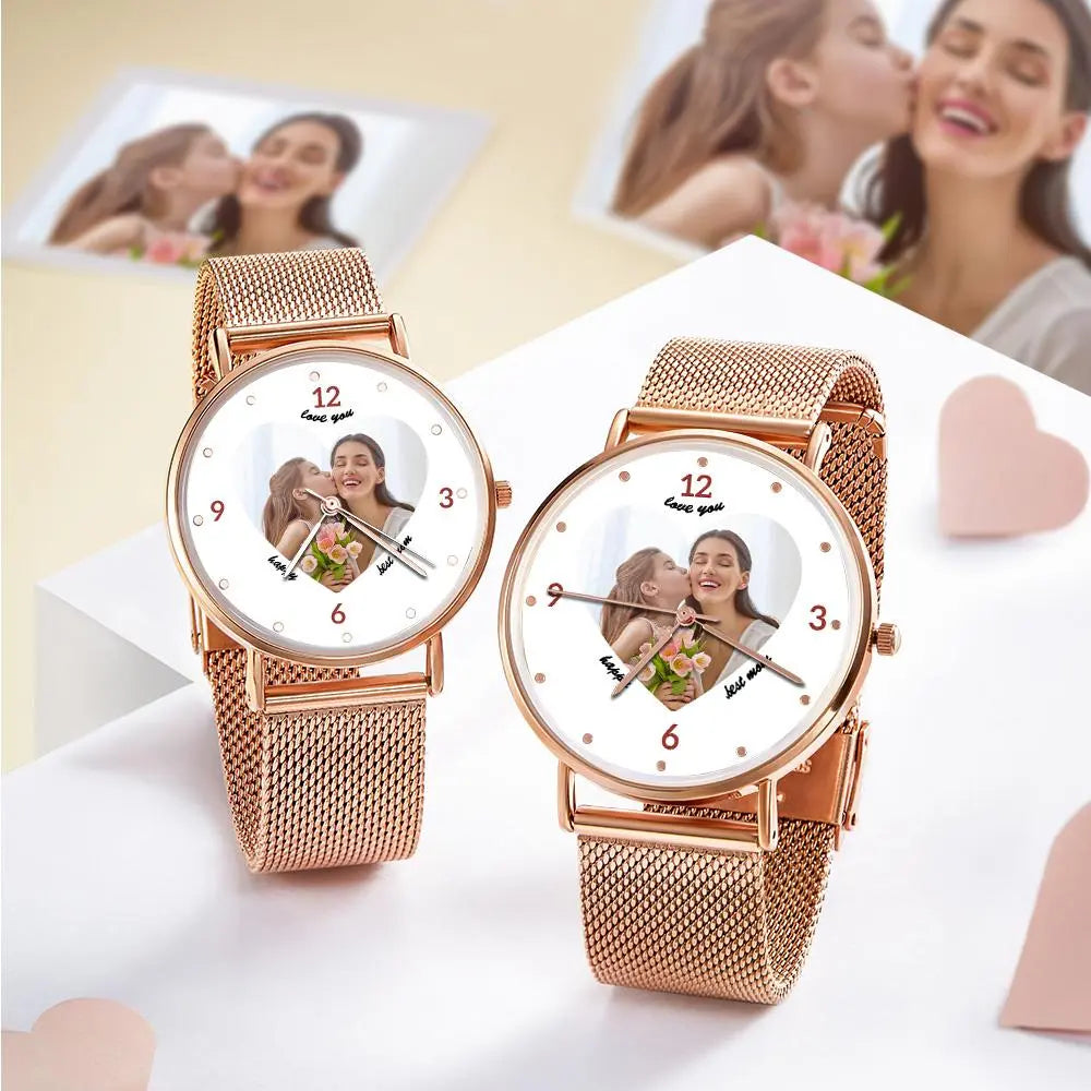 Engraved Rose Gold Alloy Bracelet Photo Watch 36mm Gifts for Mom