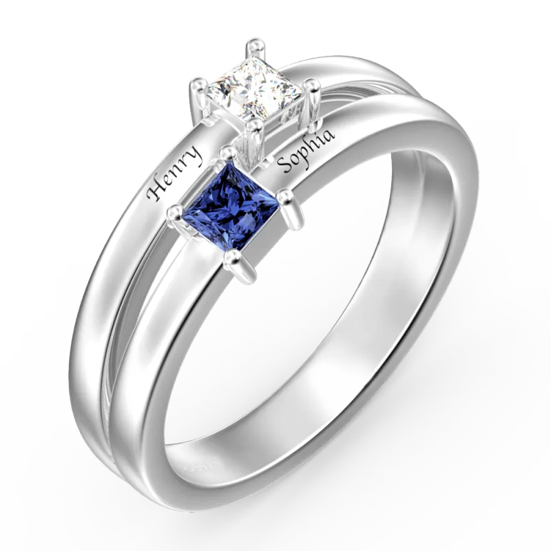 Personalized Two Names Birthstone Promise Silver Ring Wedding Gift Anniversary Gift Birthday Gift Valentines Gift