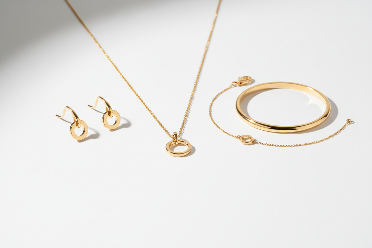 "Minimalist product photography of elegant gold jewelry on a clean white background. Includes a gold necklace with a circular pendant, matching gold earrings, a delicate gold bracelet with a small ring charm, and a polished gold bangle. Soft studio lighting with gentle shadows, glossy reflections, high-end luxury aesthetic. Premium, modern, professional jewelry showcase style."